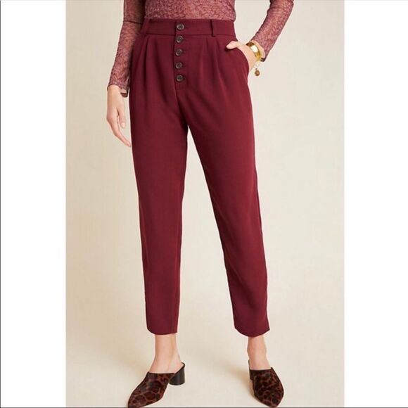 ANTHROPOLOGIE | Sasha Button Fly Tapered Leg Pants Burgundy Wine Women’s Size 2 - Picture 1 of 11
